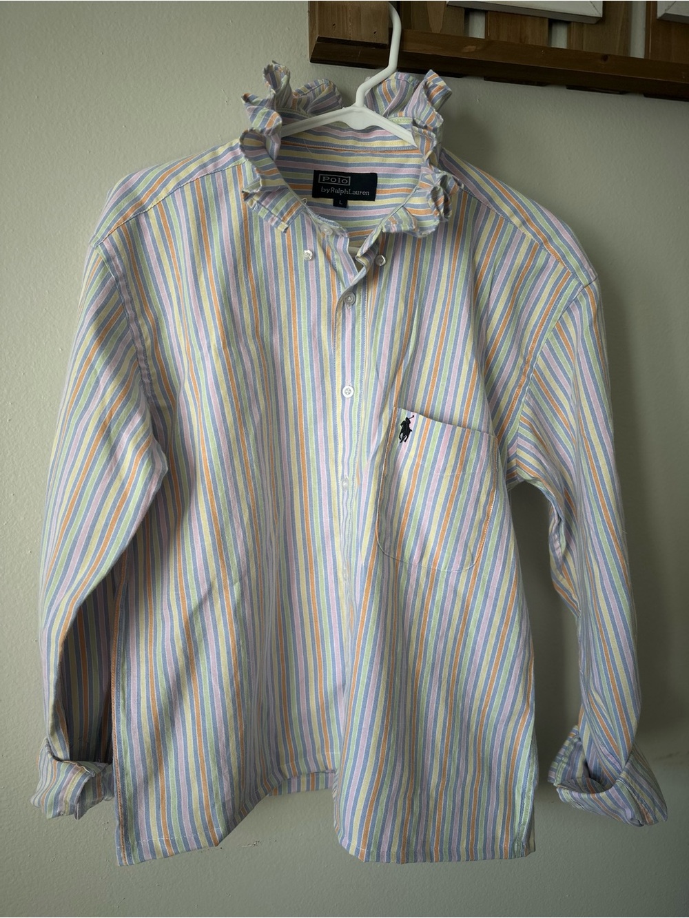 Ralph Lauren Pastel Multistripe Ruffle-Collar Button Shirt Upcycled
